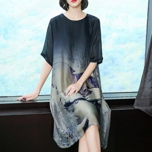 Vintage Dress Midi Elegant Ladies Dresses Ink Painting Short Sleeve Plus Size Chiffon A Line Loose Dresses Summer 2019 AA4767