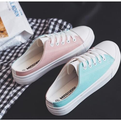 Lazy Canvas Shoes Female 2018 New Wild Half Slippers One Pedal Flat Bottom No Heel Shoes