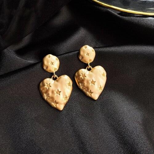 Vintage Star Printed Heart Earrings 2020 Unique Design Gold Color Metal Statement Hanging Big Earrings Metal for Women Jewelry