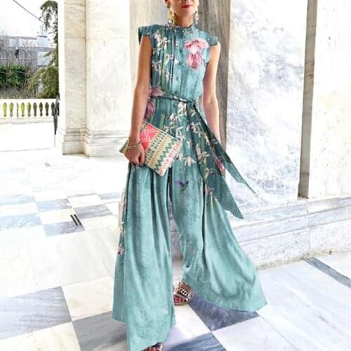 Vintage Print Stand Neck Women Wide Leg Jumpsuits Elegant Lady Sleeveless Slim Tops Rompers Casual Loose Pants Playsuits Femme