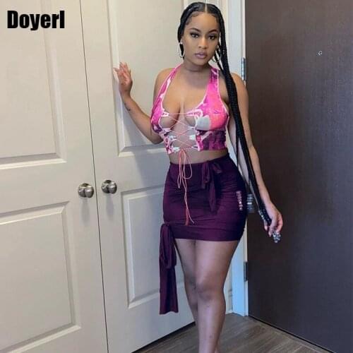Lace Up Sexy Two Piece Skirt Set Women Print Crop Top and Mini Skirt Party Club Women 2 Piece Summer Sets 2021 Matching Sets