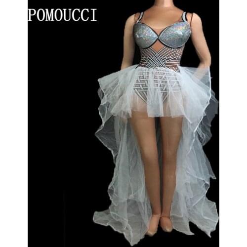 Women New Rhinestone Sequins Sexy Bodysuits White Mesh Trailing Clothing Set Female Singer Dance Stage Leotard Birthday Party