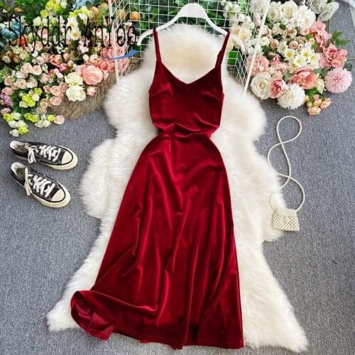 Woman Spaghetti Strap Velvet Party Dress 2021 Sleeveless Backless Sexy Midi Long Dress Chic Fashion Slim Vintage Winter Femme