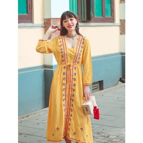 Summer New Ins Womens Retro Southeast Asian Travel Square Neck Long Sleeve Dress Ethnic Style Embroidery Drawstring Long Dress