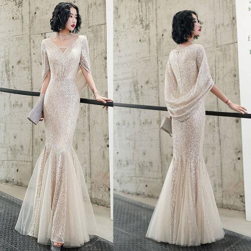 V-neck Champange Evening Dresses Mermaid Elegant Party Prom Gowns Cape Sequins Formal Occasion Dress Half-sleeve Robe De Soriee