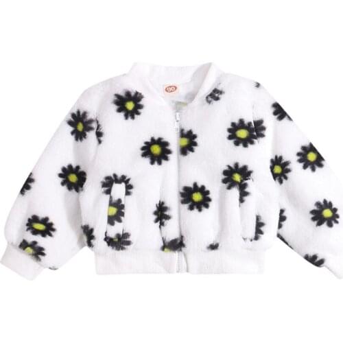 2021 2-7Y Sweet Kids Baby Girls Coats Winter Fall Warm Fur Floral Print Long Sleeve Zipper Jacket Outwear Top For Children