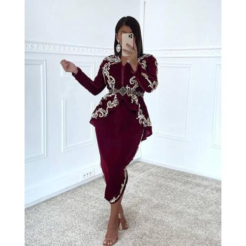 Arabic Moroccan Caftan Evening Dresses Burgundy Long Sleeve Dubai Saudi Lace Beads Velvet prom dress Karakou algerien