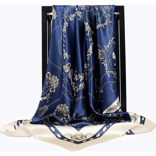 Large Hijab Scarves For Women Fashion Print Silk Satin Scarf Female 90cmx90cm Luxury Brand Square Shawls Head Scarfs For Ladies