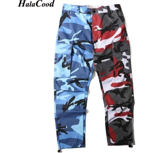 New Fashion Two-Tone Camo Pants Hip Hop Patchwork Camouflage Military Cargo Trouser Casual Cotton Multi Pockets Pant Streetwear