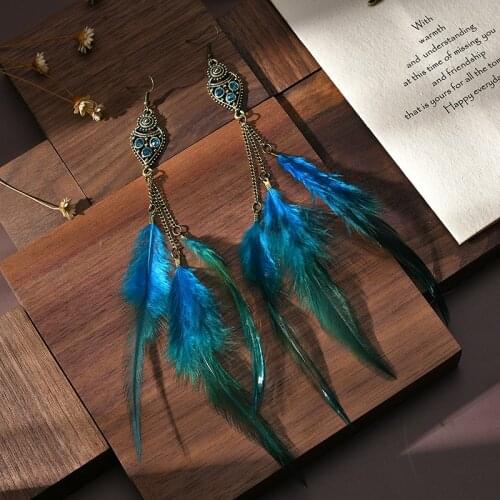 Boho Long Retro Feather Exaggerated Earrings Women Thailand Indian Drop-shaped Rhinestone Chain Tassel Earrings Wedding Jewelry
