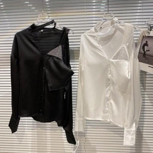 European Summer New Rhinestone Lace Shoulder Strapless Sexy Design Mercerized Cotton Shirt Women Tops Fashion Streetwear 2021