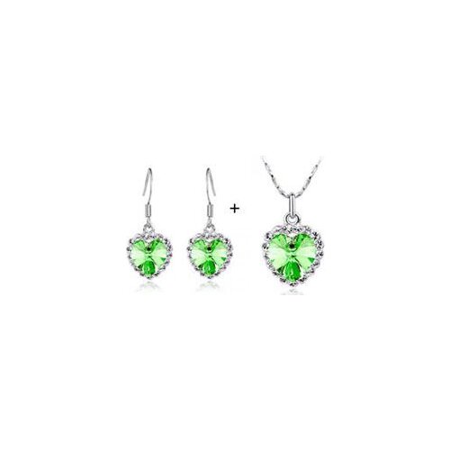 925 sterling silver fashion love crystal fruit green necklace earrings 2 pieces, ladies birthday gift wedding jewelry set free