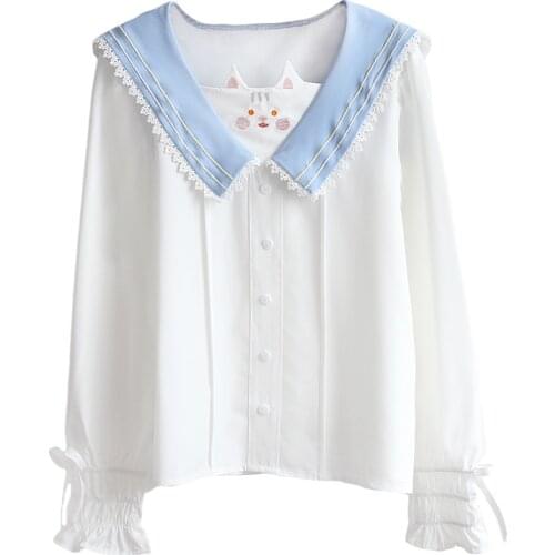 Kawaii Fashion Soft Girls White Shirt Women Blouse Japan Lolita Cute Cat Embroidery Lace Puff Long Sleeve Princess Chiffon Tops