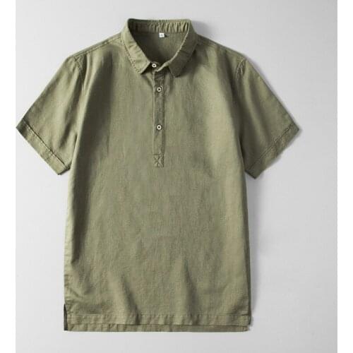 Man Cotton Linen Polo Shirt Summer Short Sleeve Button Up Loose Tennis Shirt Mens Green Casual Jerseys Plus Size Collar Shirts