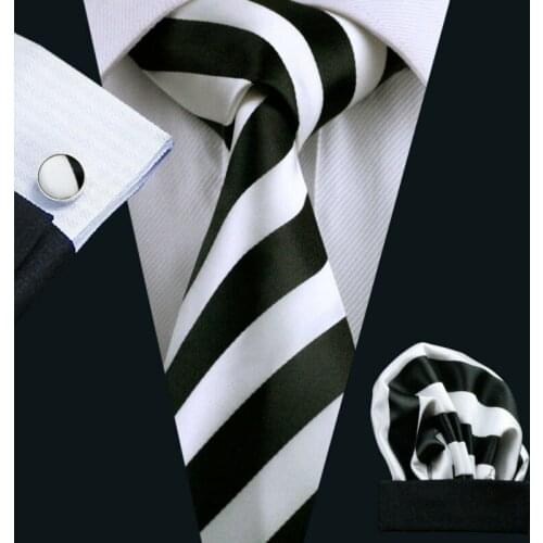 LS-276 Hot Men`s Tie White Black Striped 100% Silk Jacquard Woven Tie Hanky Cufflink Set For Men Formal Wedding Party Business