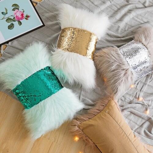 Drop Ship Faux Fur Pillow Cover White Green Grey Sequin Cushion Cover Home Decor Lumbar Pillow 30x50cm Decorative pillowsham