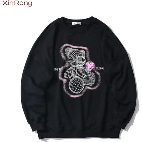 Autumn And Winter New Mens Cartoon Fashion Bear Print Crew Neck Sweater Tide Brand Harajuku Style Street Youth Loose Pullover