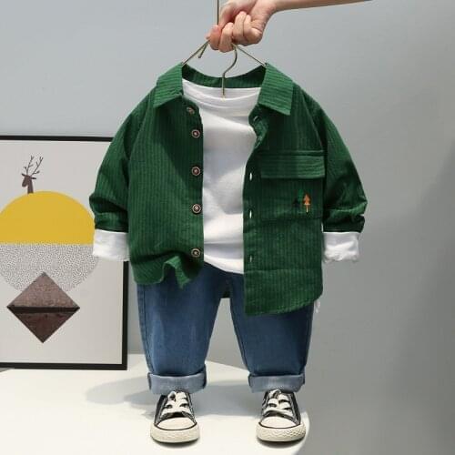 2021 autumn new boys' long sleeve shirt suit childrens leisure foreign style striped corduroy coat 2 piece set 01234