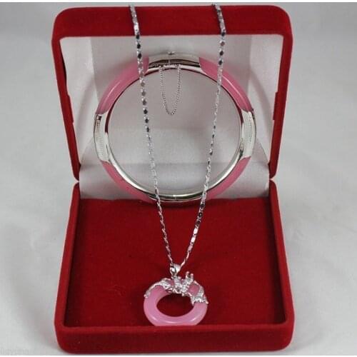 New Style Wonderful pink jade Circle Dragon Pendants Necklace Bracelet Set Fashion Wedding Party Jewellery