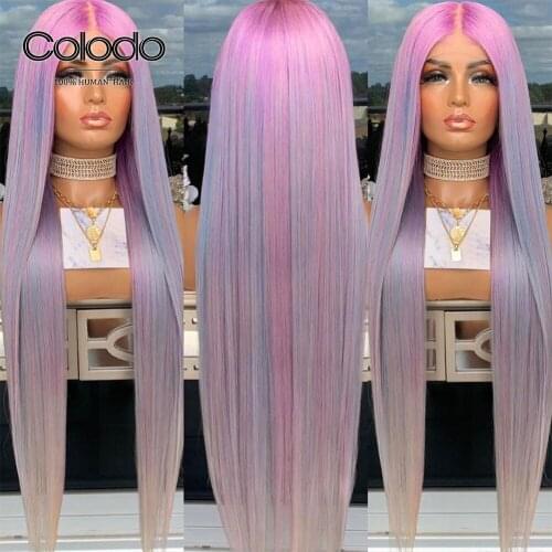 Pastel Purple Staight Lace Front Wig Preplucked Ombre Blue Pink Wig with Baby Hair Transparent Lace Front Human Hair Wigs COLODO
