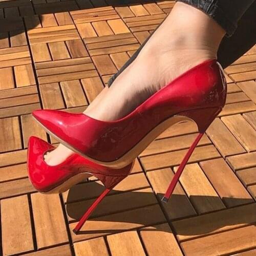 Sexy Metal Heels Red Shoes Pointed Toe Blade Heels Patent Leather Wedding Shoes Bride Low Cut Pump Shoes Women Customized
