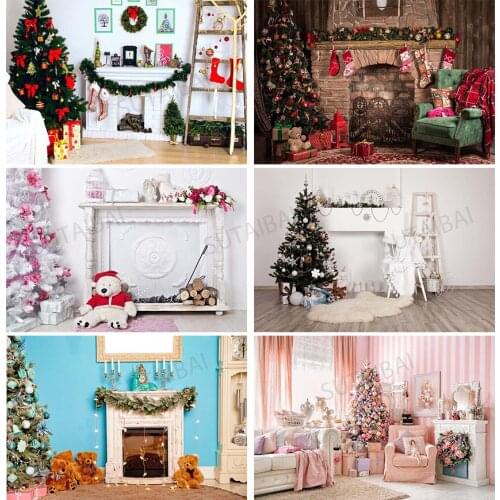 Christmas Backdrops Tree Fireplace Socks Mistletoe Wreath Candle Gift Decor Banner Photography Background for Photo Booth Studio