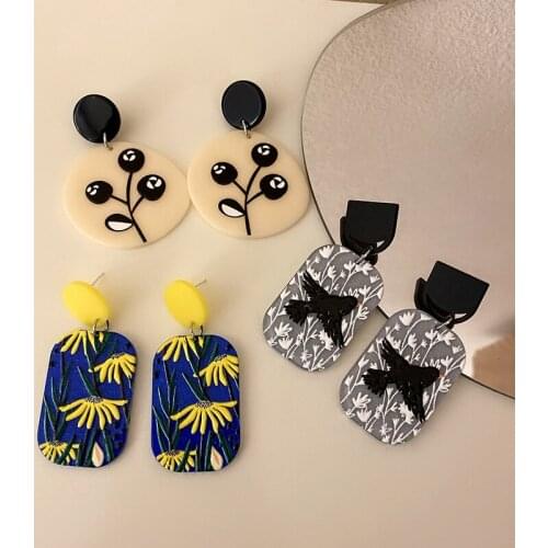 LOVOACC Multiple Colorful Painting Arcylic Earrings for Women 2021 Flower Cherry Bird Geometrial Resin Dangle Earrings Oorbellen