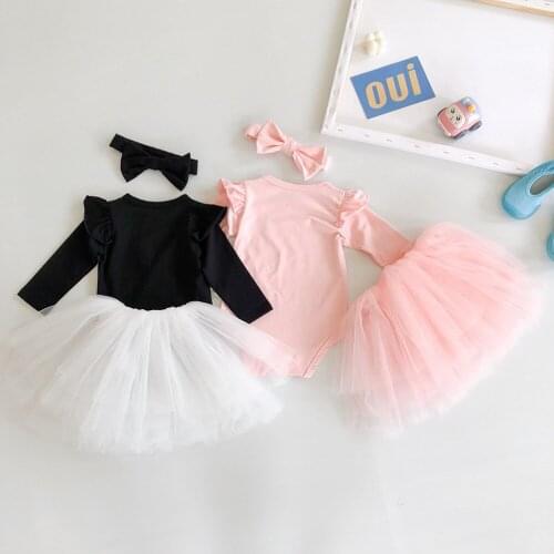 Spring Summer Baby Kids Girl Outfits Solid Color Ruffles Romper Top+Mesh Skirt +bow Headband 3Pcs Set Fashion New Clothes