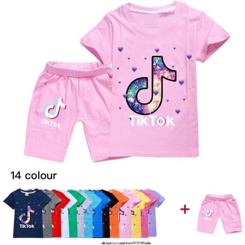 Tik Tok Girls Boys' Tracksuit Summer T-shirt Baby Short-sleeved Pants Suit Cotton Male Childrens Clothing Kids Sports Suit