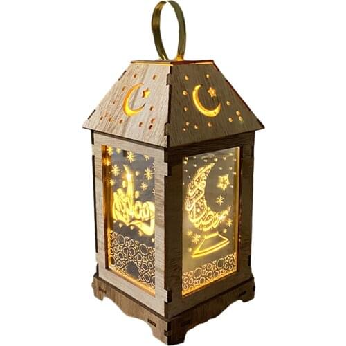 LED Eid Mubarak Decorative Lights Wooden Ramadan Palace Lantern Hanging Lamp Islam Muslim Event Party Supplies