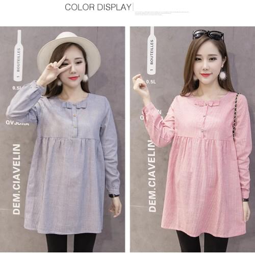 Fashion spring womens maternity dress T-shirt top was thin wild striped skirt bow large size maternity skirt