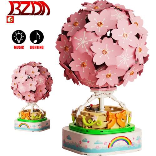 BZDA Cherry Blossoms Tree Music Box Rotating Sakura Building Blocks City Street View Cherry Blossoms Toys for Children Girl Gift