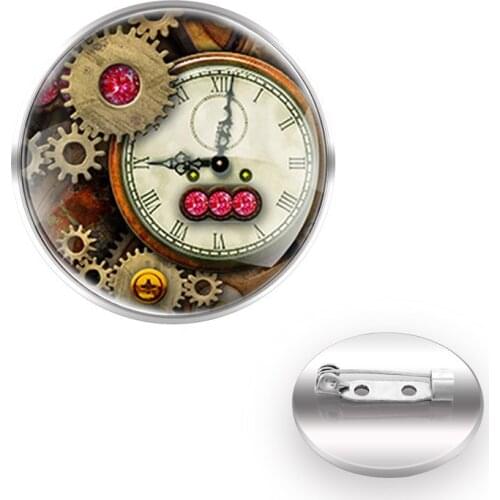 High Quality Steampunk Gear Clock Brooches For Clothes Decoration Collar Pin Glass Dome Women Men Jewelry Gift