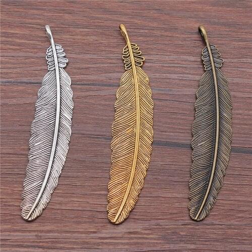 WYSIWYG 2pcs 106mm 3 Colors Antique Gold Antique Silver Color Antique Bronze Big Feather Pendant Charms For Jewelry Making