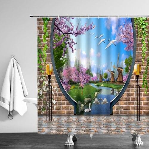 Chinese Style Retro 3D Flower Bird Courtyard Landscape Shower Curtain Set High Quality Fabric Bathroom Supplies Decor With Hooks