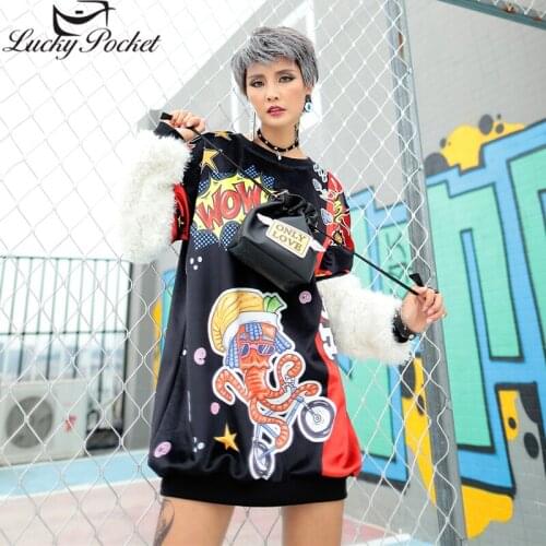 Women Winter New Flocking O-Neck Sweatshirts Female Fashion Lambswool Patchwork Cartoon Print Tops Plus Size Pullovers Z1024