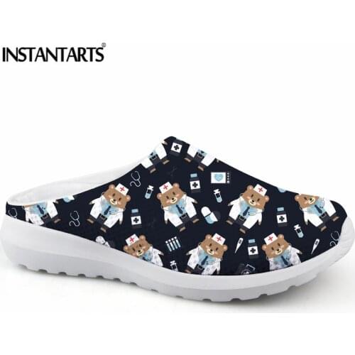 INSTANTARTS Summer Women Mesh Sandals Cute Cartoon Medical Bear Printing Slip-on Slippers Light Weight Beach Water Shoes Female