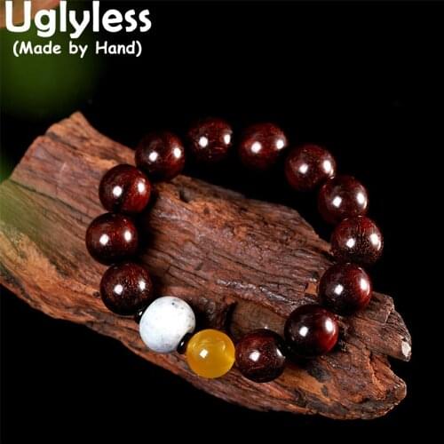 Uglyless Elastic Rope Natural Shiny Sandalwood Bracelets for Women 15MM Big Gemstones Amber Jadeite Bracelets Wooden Jewelry
