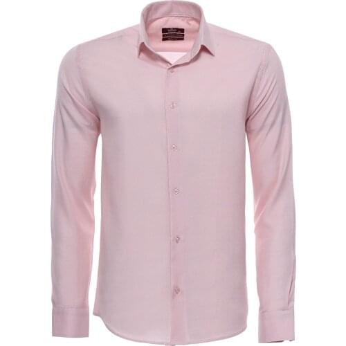Açık Pembe Kendinden Desenli Uzun Kol Slimfit Gömlek