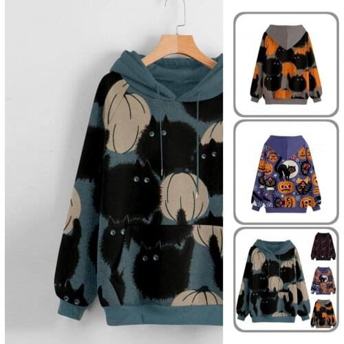 Women Sweatshirt Loose Fit Classic Skin-friendly Halloween Printed Pullover Hoodie