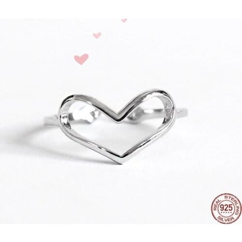 LKO 925 Sterling Silver Minimalist Ring For Women Wedding Cute Hollow Heart Fashion Jewelry Valentines Day Gift Adjustable