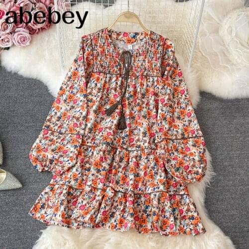 2021 New Summer French Vintage V-neck puff sleeve Dress lace up tassels decoration pleated floral loose Dress