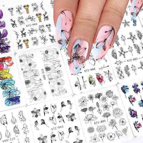 14Pcs/Set Black Border Flowers Animals Beauty Design Nail Stickers Water Transfer Decals for Nail Manicure Nail Art Decoration