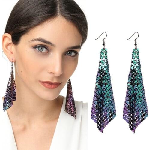 2019 Shiny Sequin Geometric Long Tassel Dangle Earrings Womens Sexy Metal Mesh Pendant Earrings Ladies Exaggerated Brincos Gift