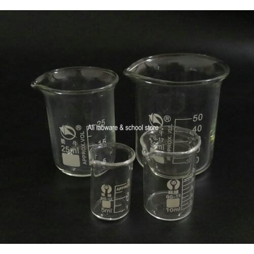 4pcs/set 5ml/10ml/25ml/50ml Low Form Glass Beaker Lab Glassware Chemistry Experiment For School