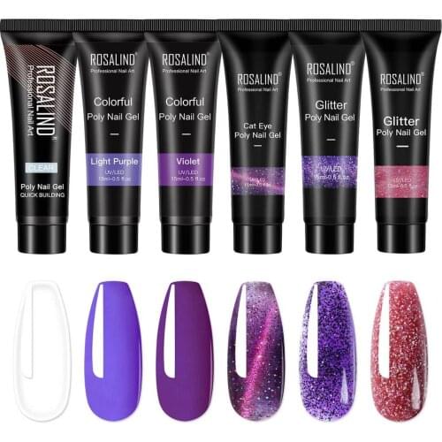6pcs Purple Nail Extension Glue Painless Lengthening Colorful Nail Art Gel Quickly Glitter Nail Extend Gel