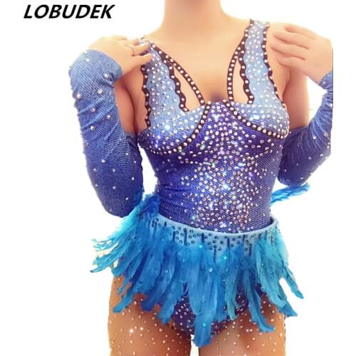 Blue Feathers Sparkly Rhinestones Bodysuit Women Nightclub Bar Stage Wear Dance Team Jazz Costume Party DS Performance Clothing