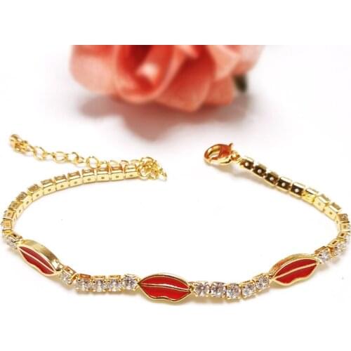 12Pcs Gold filled trendy colorful enamel Lip charm Clear cz tennis chain bracelet bangle Fashion Women Girls Jewelry