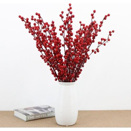 DIY Artificial Berries Branch Plastic Fake Flowers Leaf Decorative Berry Red Berries Plant For New Year Christmas Decoration