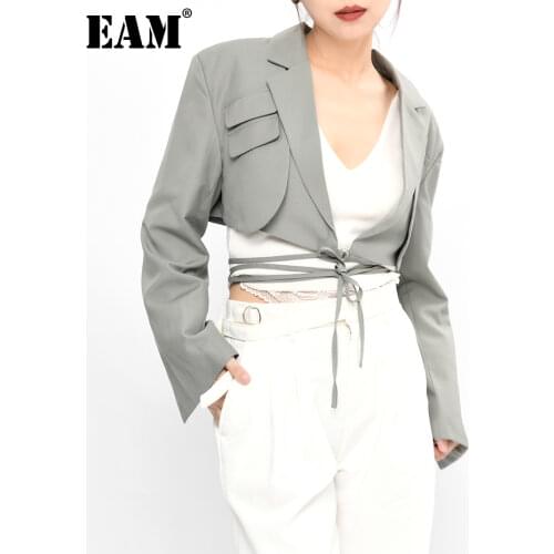 [EAM] Women Gray Bandage Short Casual Blazer New Lapel Long Sleeve Loose Fit Jacket Fashion Tide Spring Autumn 2021 1X72802
